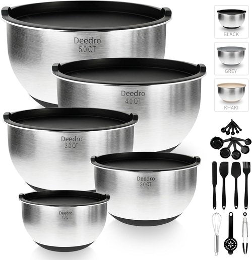 Deedro Premium Mixing Bowls Set - 22Pcs Thicker Stainless Steel with Airtight Lids | Non-Slip Silicone Base, Black