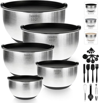 Deedro Premium Mixing Bowls Set - 22Pcs Thicker Stainless Steel with Airtight Lids | Non-Slip Silicone Base, Black