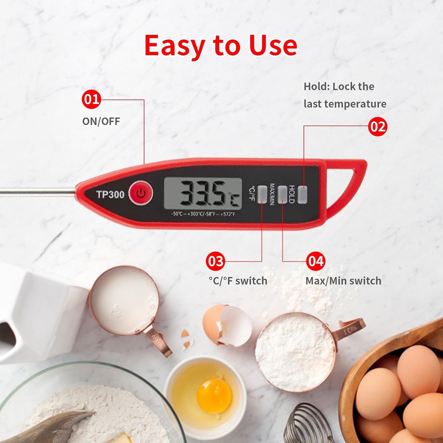 YFL Digital Meat Thermometer - Instant Read Cooking Thermometer with Large LCD Display for BBQ, Grill & Oven