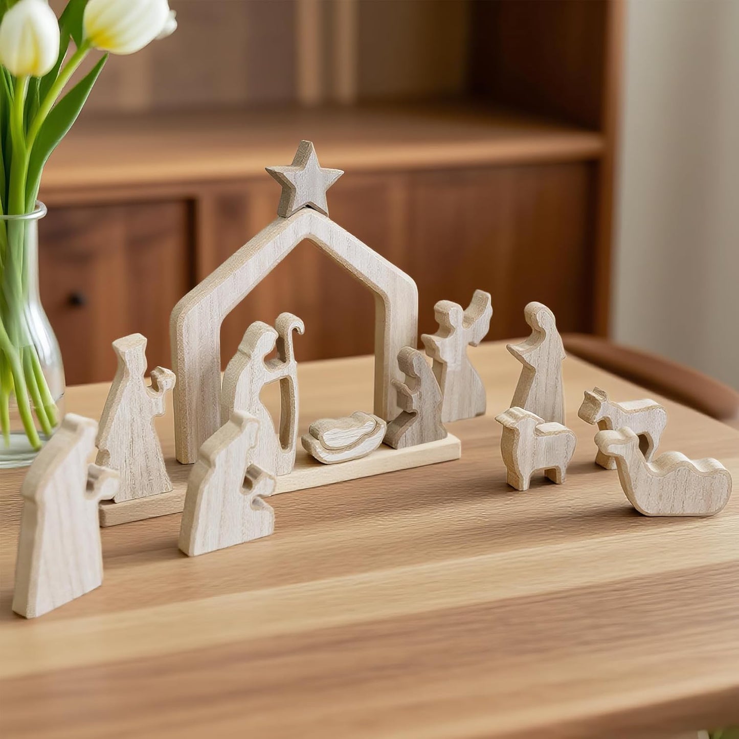 NEROSUN Nativity Scene Set - 13-Piece Wooden Miniature Holy Family Figurines | Minimalist Boho Christmas Decor