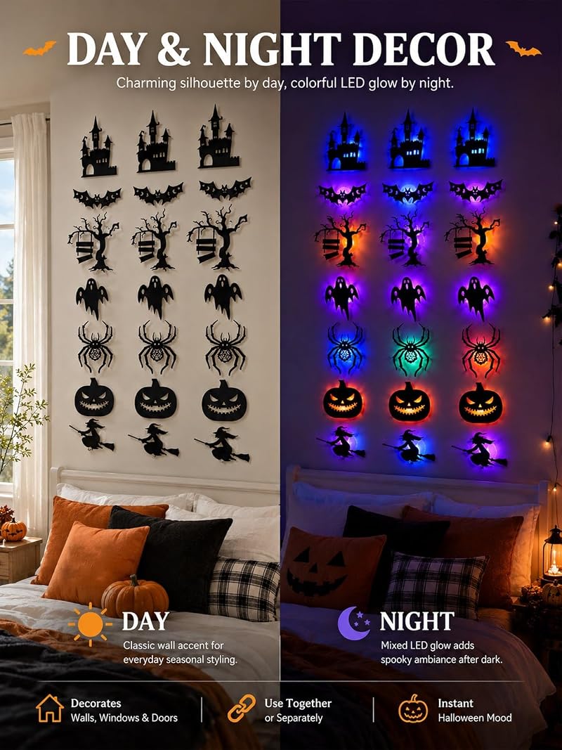 Halloween LED Wall Stickers - 24pcs Glow in the Dark Bat & Spooky Silhouettes Set