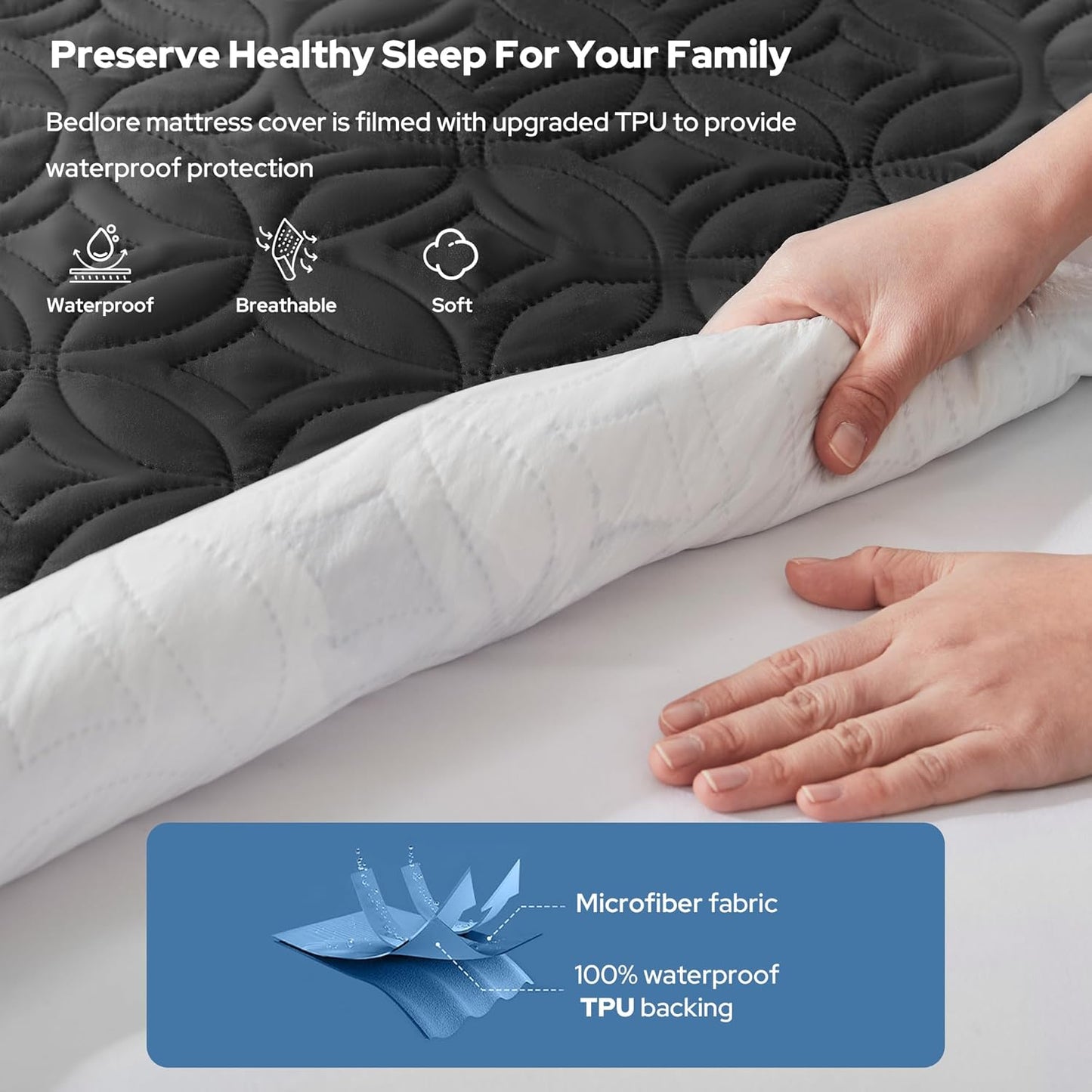 BEDLORE Waterproof Mattress Protector - Soft, Breathable Twin Size Pad for 6"-15" Depth (Black)