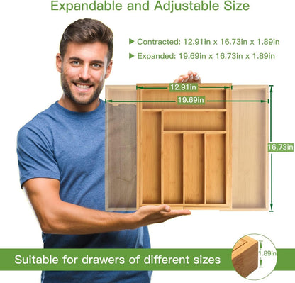 Pipishell Bamboo Silverware Organizer - Adjustable Utensil Tray for Kitchen & Home | Cutlery Holder