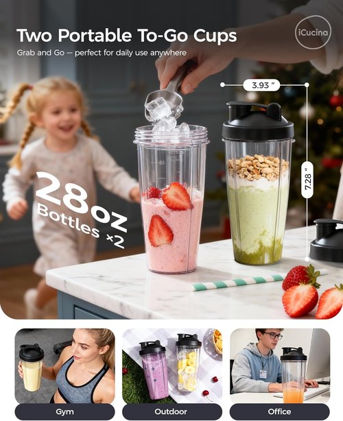 iCucina Smoothie Blender - 700W Personal Blender for Shakes & Smoothies | Includes 2 x 28oz Portable Cups