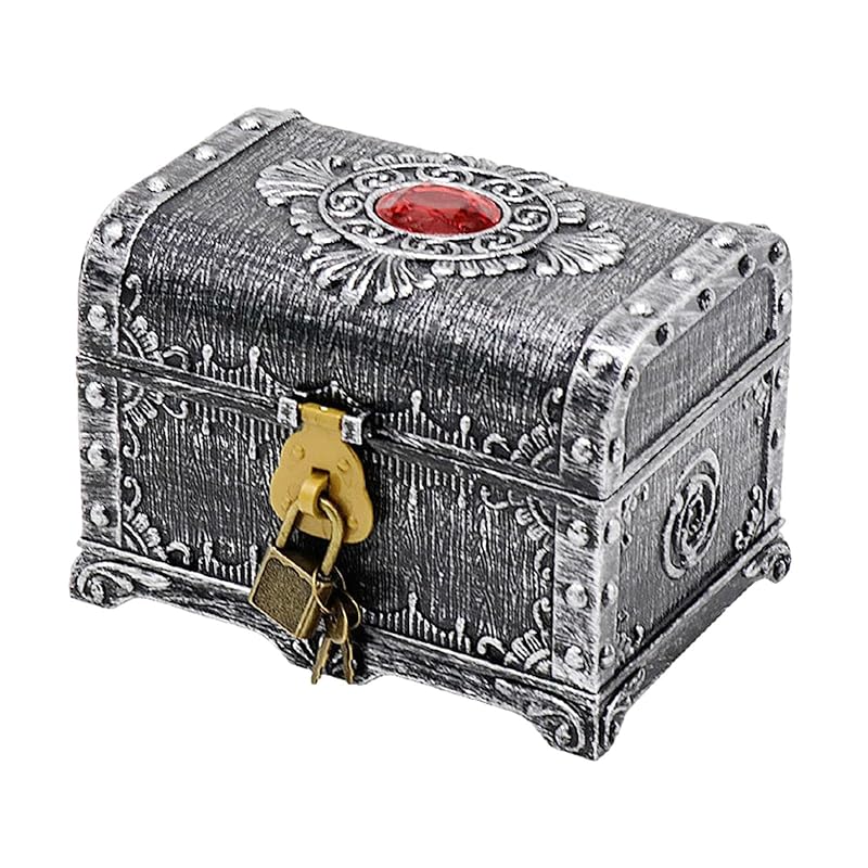 Ancient Silver Pirate Treasure Box with Lock - Kids Jewelry Storage Chest 14x11x10.5 cm