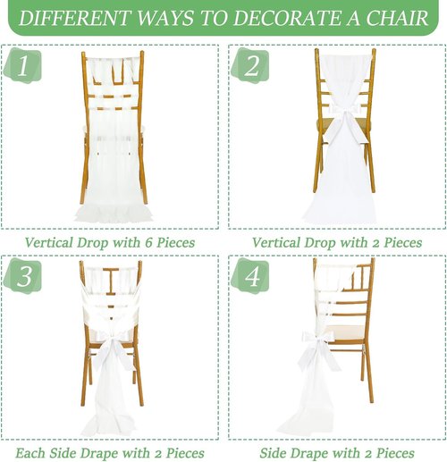 HunnmingRe Wedding Aisle Chair Decor - 24 Sets of White Sashes with Ribbons & Tulle for Ceremonies