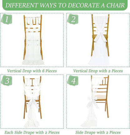 HunnmingRe Wedding Aisle Chair Decor - 24 Sets of White Sashes with Ribbons & Tulle for Ceremonies