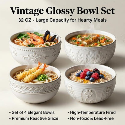 Artena Ceramic Soup Bowls Set of 4 - 32 OZ Embossed Ramen & Cereal Bowls | 6.3 Inch White Dinnerware