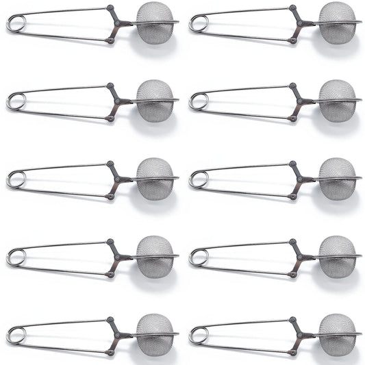 TIHOOD 10PCS Snap Tea Infuser,Stainless Steel Mesh Ball Tea Strainer with Handle for Loose Tea Leaf Pincer Tea Ball Tea Filter Tong