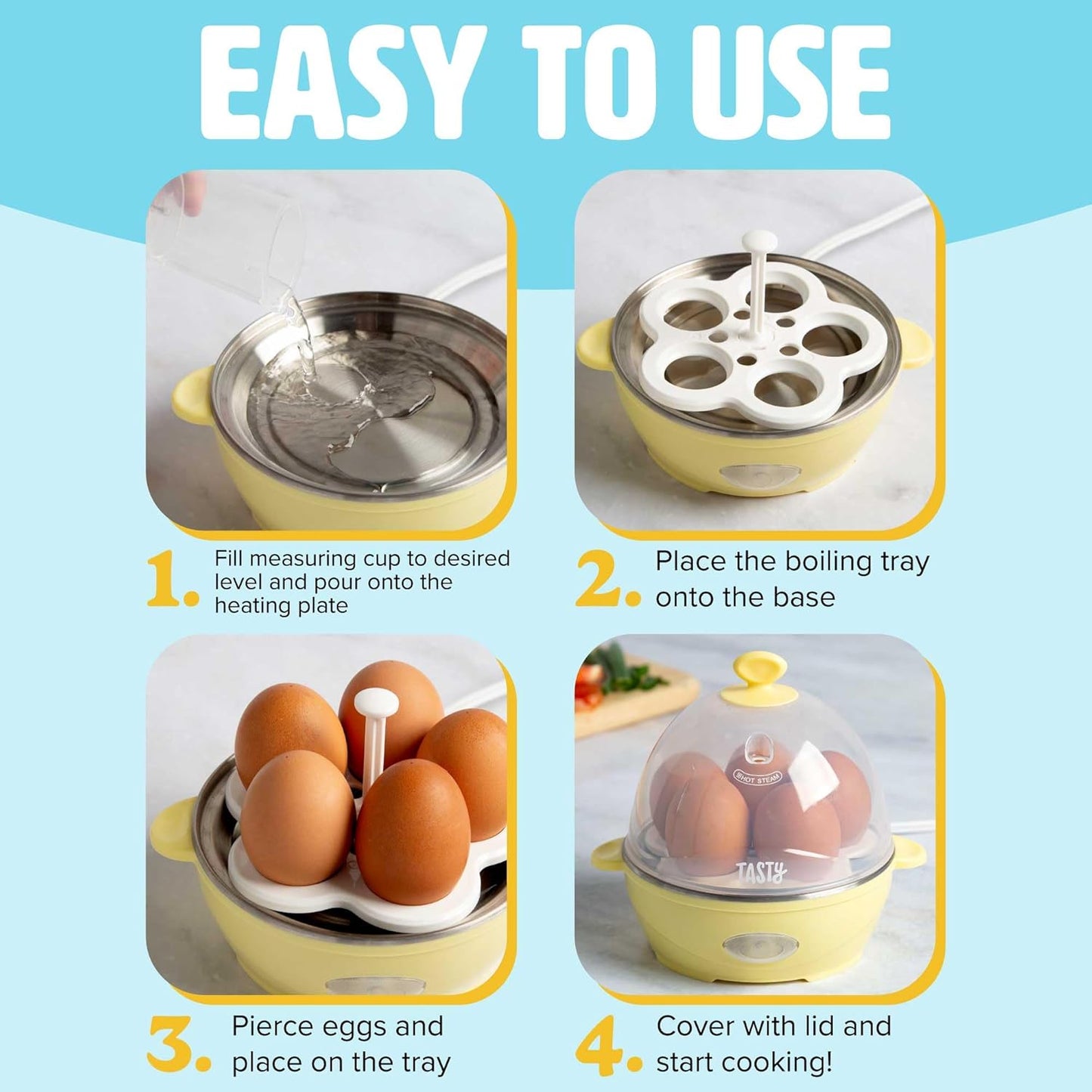 Tasty Mini Egg Cooker - 5-Egg Capacity for Perfect Hard Boiled Eggs & Omelets | Auto Shut Off, Yellow