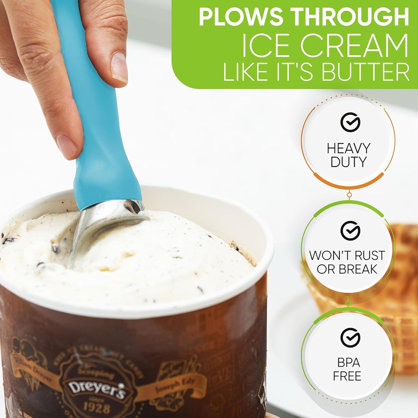 Spring Chef Heavy Duty Ice Cream Scoops - Soft Grip Handle, Dishwasher Safe - 2 Pack - Aqua Sky