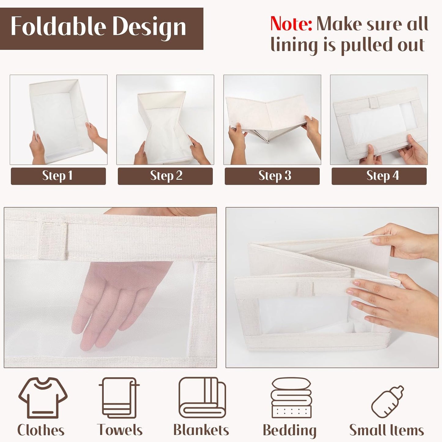 VZZNN Linen Closet Organizers - 4 Pack Foldable Storage Bins with Clear Window - Beige