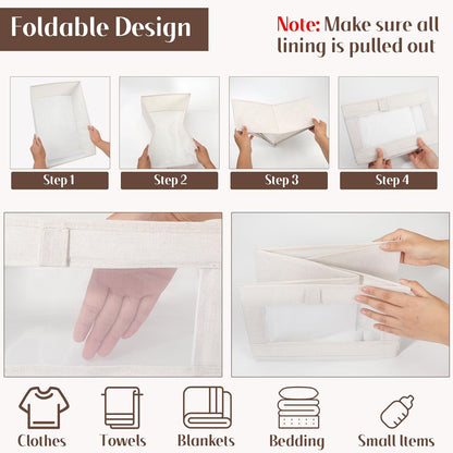 VZZNN Linen Closet Organizers - 4 Pack Foldable Storage Bins with Clear Window - Beige