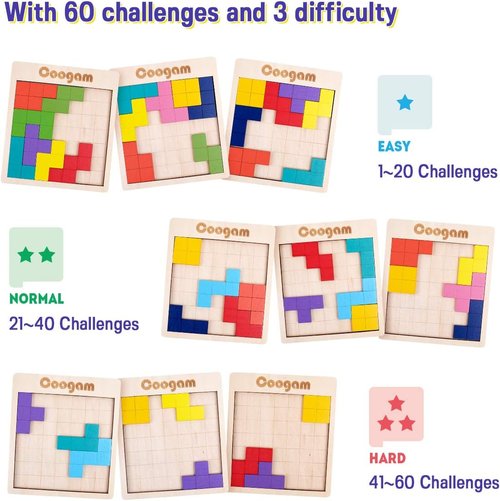 Coogam Wooden Puzzle Blocks - 3D Brain Teasers & Tangram Shapes | 60 Challenges for Kids & Adults