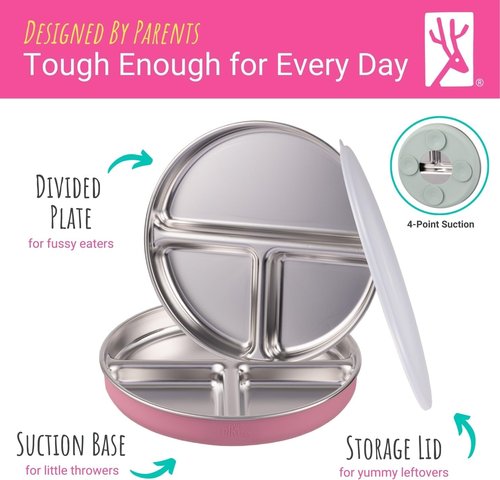 Elk and Friends Stainless Steel Divided Plates - Stay Put Suction with Silicone Sleeve | 2 Pack for Babies & Toddlers
