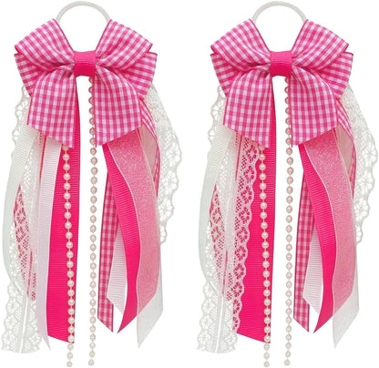 Skiennix Holiday Bow Ribbons - Festive Birthday Accessory Decor | 2 Pink Plaid Cowboy Boot Charms