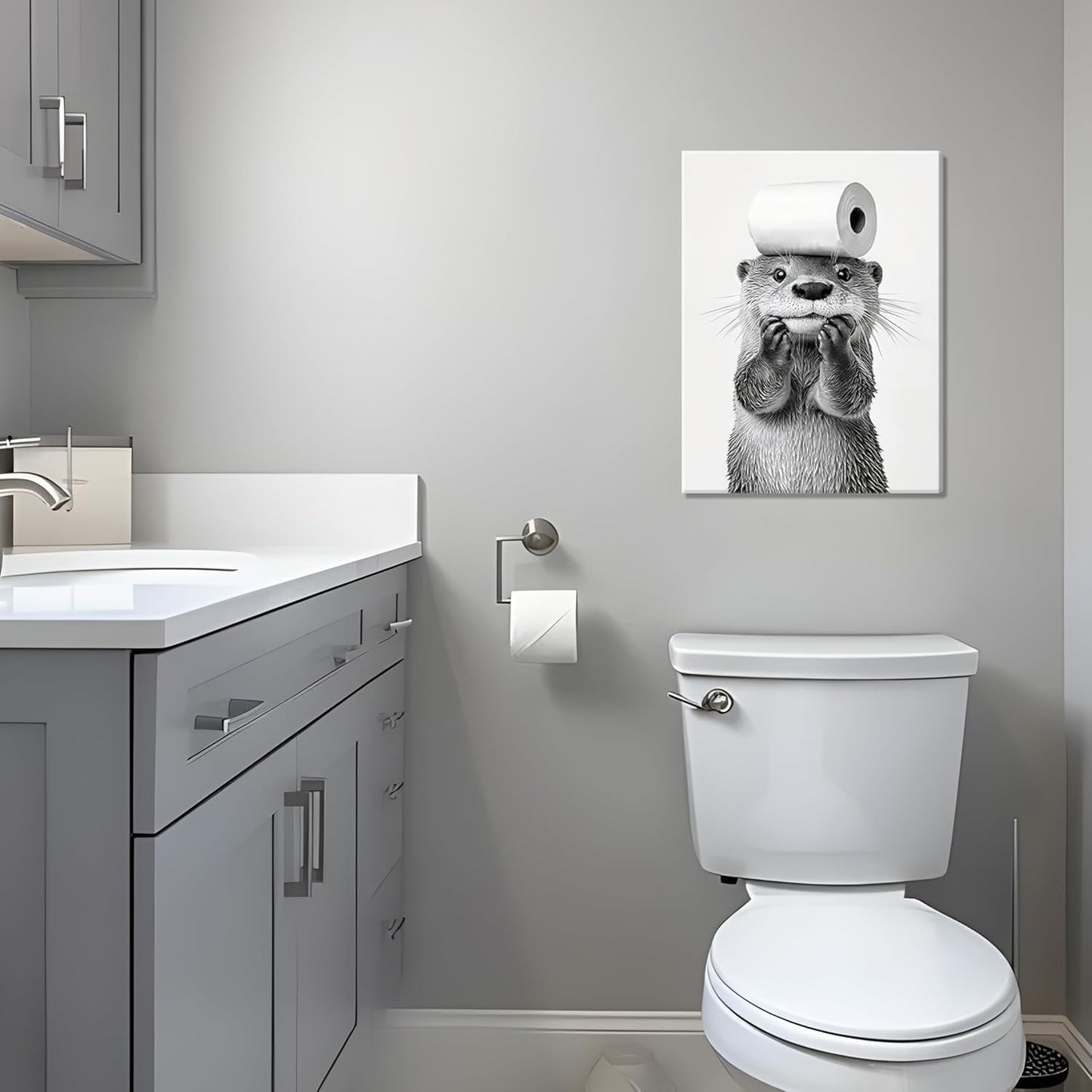 Skiennix Cute Bathroom Otter Canvas Wall Art - Set of 3 Black and White Prints | Funny Farmhouse Decor 12x16 Inch
