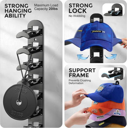 Skiennix Hat Organizer - Wall-Mounted Rack for Up to 20 Baseball Caps | Strong Adhesive & Screws - Black