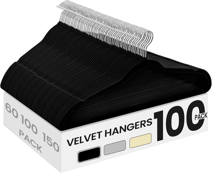 SONGMICS Velvet Hangers - 100 Pack Non-Slip Clothes Hangers with Silver Swivel Hooks | Slim Heavy-Duty Black