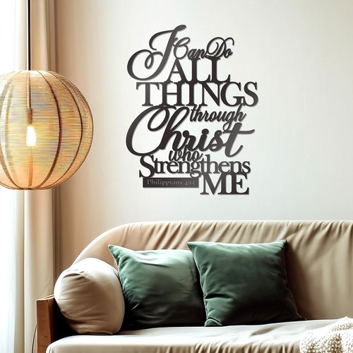 KOYILTD Metal Wall Decor - "I Can Do All Things Through Christ" Sign | Large Black Christian Art (14.9x11.2 in)