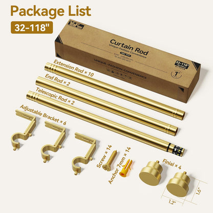 YaFex Curtain Rods - Heavy Duty 1 Inch Adjustable Window Treatment Rods | 32-118 Inch, Gold Finish
