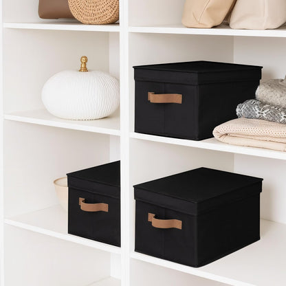 StorageWorks Black Storage Bins - Decorative Foldable Boxes with Lids | Stackable 3-Pack for Closet & Shelves
