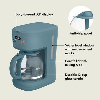 Bella 12-Cup Programmable Coffee Maker - Easy LCD Display, Auto Shutoff, Reusable Accessories, Surf Color