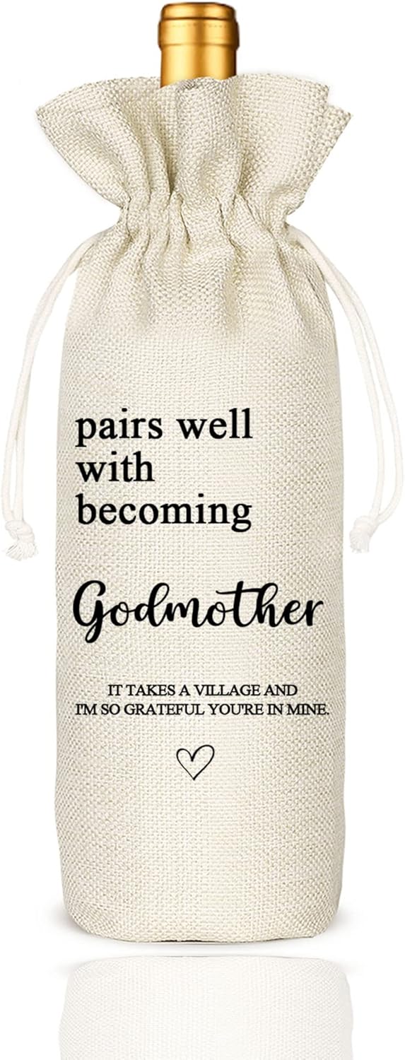 Wine Bag Gifts for Godmother, Godmother Gift, Burlap Wine Bottle Cover Gift Bag for Godmother, Godparent