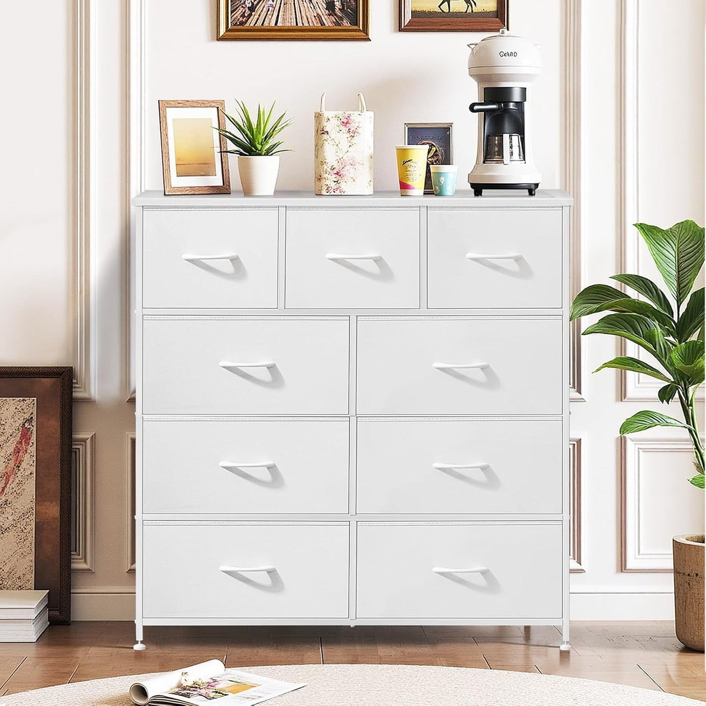 Regine Switzerland 9-Drawer Dresser - Anti-Tip Storage Organizer with Wooden Top & Metal Frame | White