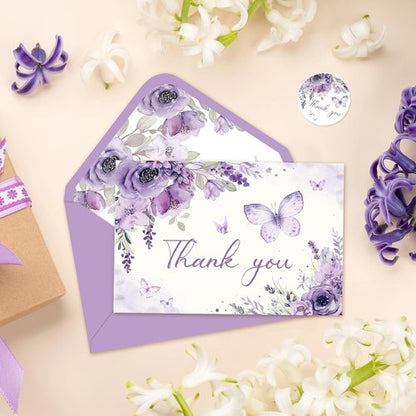 FYSUIMU Thank You Cards - 30 Pack Spring Floral Design with Lavender Butterflies | 4 x 6 Inch