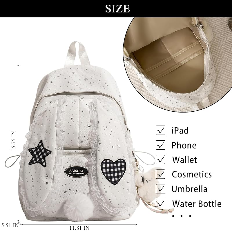 Pink Bunny Backpack - Cute Y2K Star Print, Lightweight Nylon