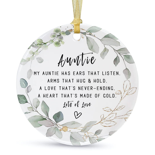 Auntie Ornaments Gift from Niece Nephew,2024 Great Aunt Pregnancy Ornaments,Best Aunt Ever Christmas Hanging,Round Aunt Ceramic Ornament Keepsake with Ribbon,Gift Box,Greeting Cards(2.9")