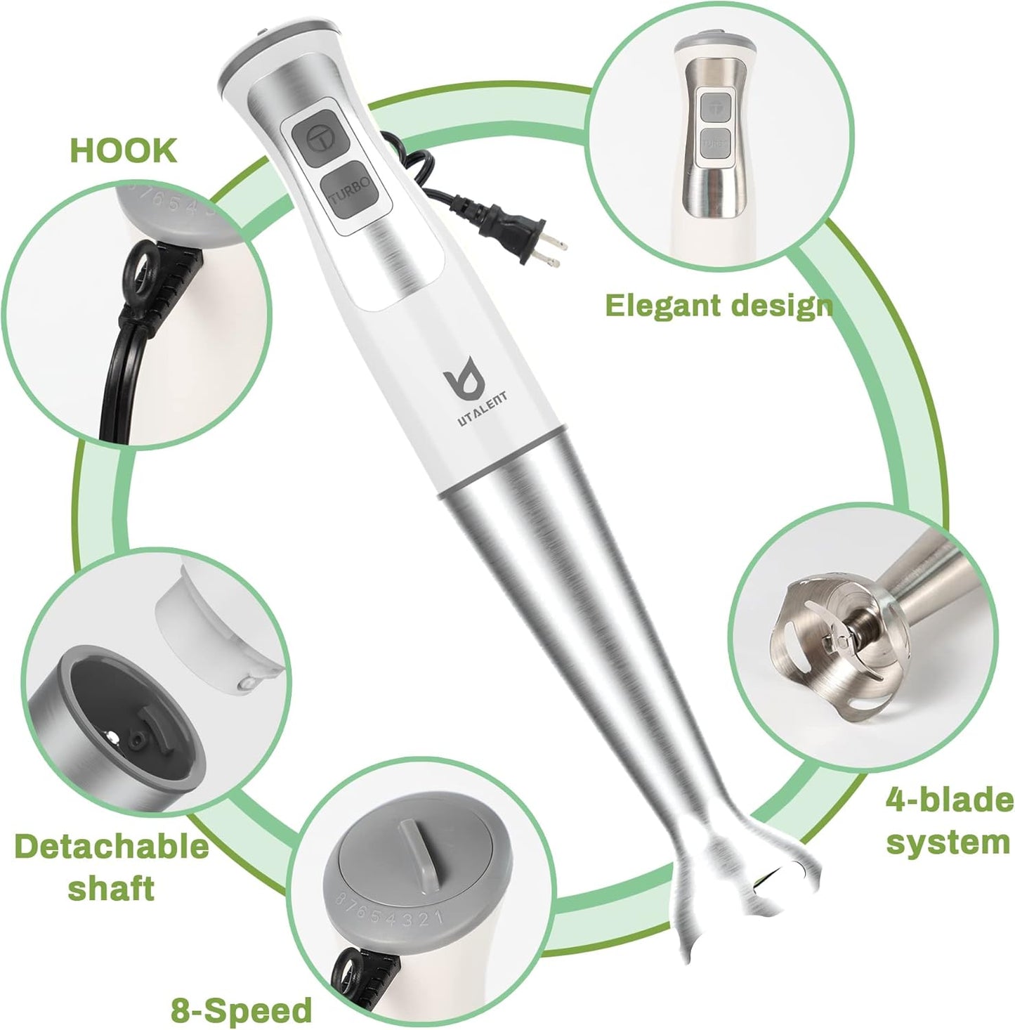 UTALENT Immersion Blender - 5-in-1 8-Speed with Food Grinder, Milk Frother & Egg Whisk - White