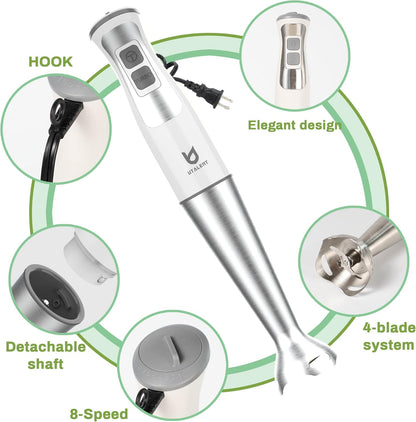 UTALENT Immersion Blender - 5-in-1 8-Speed with Food Grinder, Milk Frother & Egg Whisk - White