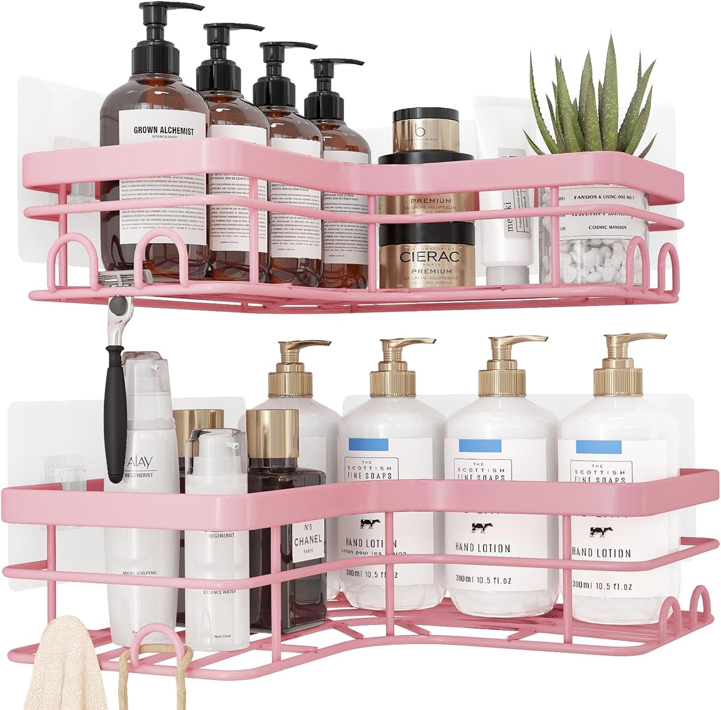 Sakugi Corner Shower Caddy - Rustproof Stainless Steel Organizers with 8 Hooks | No-Drill, Space-Saving, Pink, 2 Pack