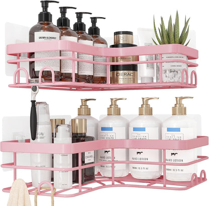 Sakugi Corner Shower Caddy - Rustproof Stainless Steel Organizers with 8 Hooks | No-Drill, Space-Saving, Pink, 2 Pack
