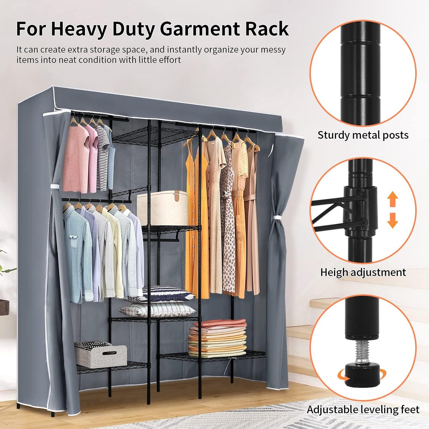 PayLessHere Adjustable Metal Garment Rack - Portable Clothing Organizer with 4 Hanger Rods & 7 Shelves | Black, 830 LBS Capacity