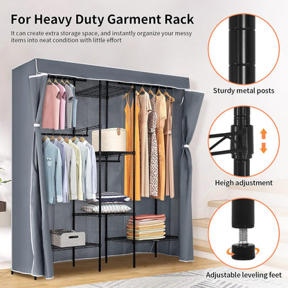 PayLessHere Adjustable Metal Garment Rack - Portable Clothing Organizer with 4 Hanger Rods & 7 Shelves | Black, 830 LBS Capacity