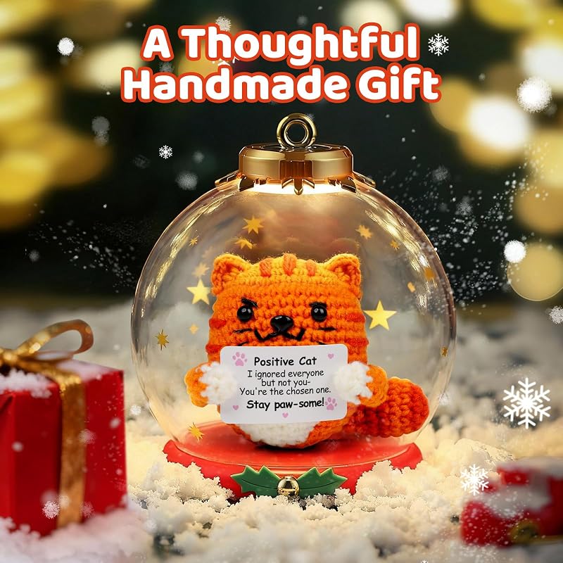 Orange-Cat Positive Crochet Cat Gift — Uplifting Message for Women & Men, Handmade Décor