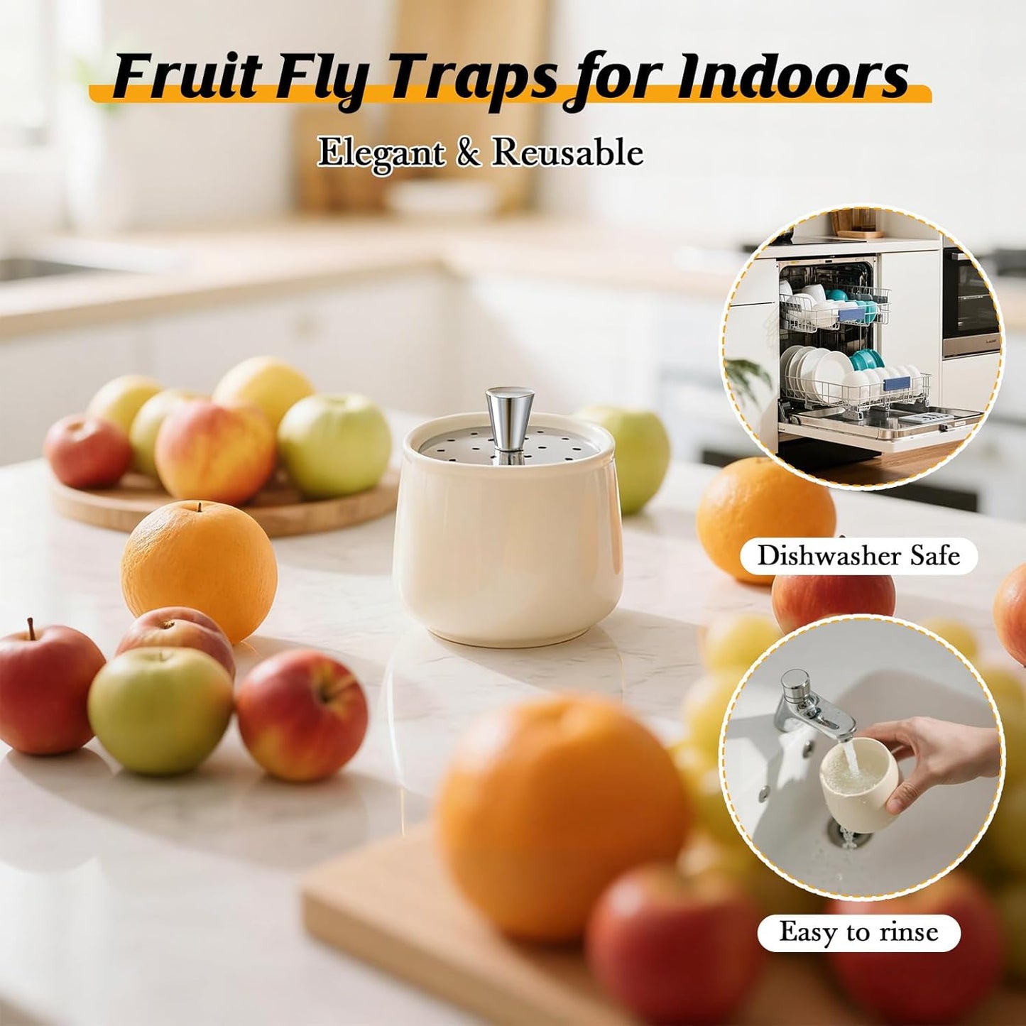 Skiennix Ceramic Fruit Fly Trap - Reusable Kitchen Fly Catcher with Stainless Steel Vent Lid | Dishwasher Safe, Easy to Use (White, 1 Pack)