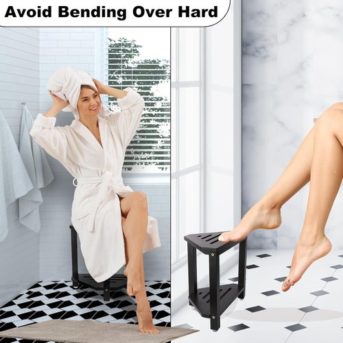 IBosins Corner Shower Stool - Acacia Wood Bath Seat with Storage Shelf | Compact Black Design for Shaving Legs