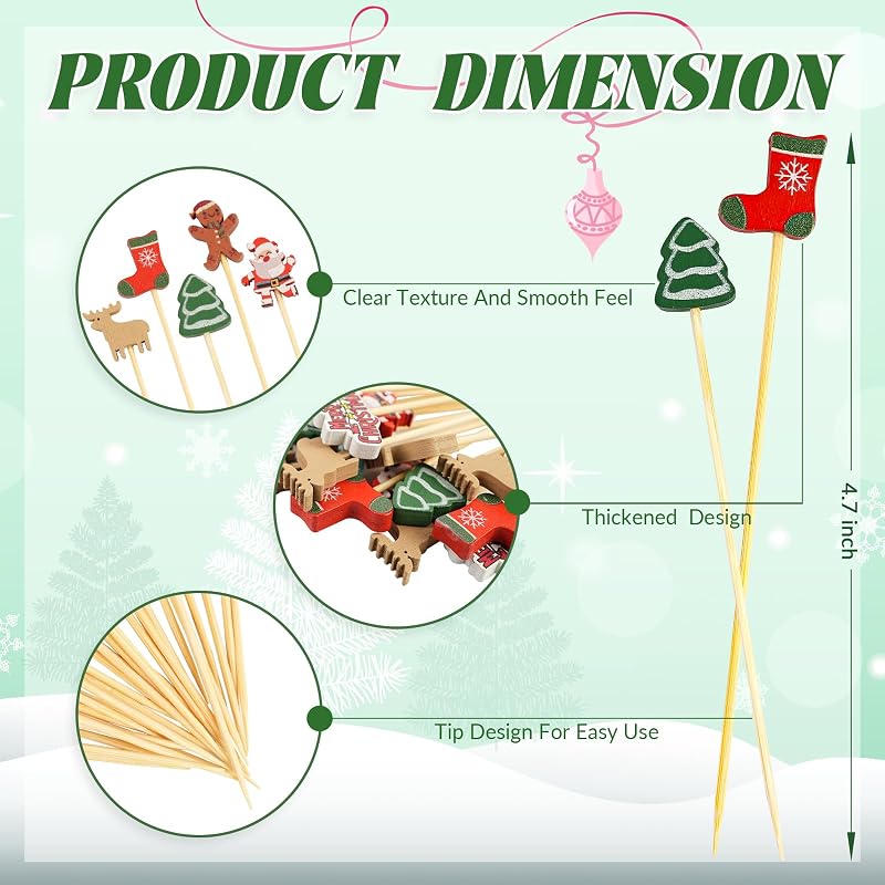 Christmas Theme Cocktail Picks 100 Pcs Bamboo Toothpicks 4.7" - Snowman, Tree & Santa