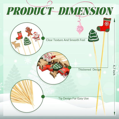 Christmas Theme Cocktail Picks 100 Pcs Bamboo Toothpicks 4.7" - Snowman, Tree & Santa