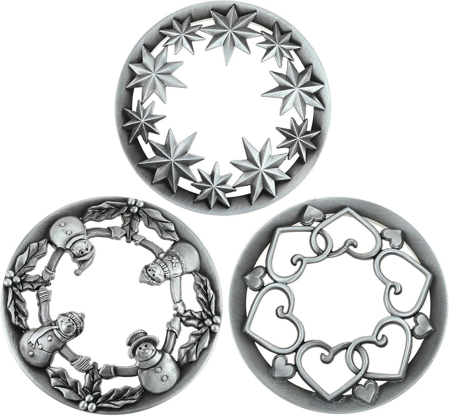 Skiennix Holiday Candle Toppers - Set of 3 Silver Metal Lids with Star, Heart & Snowman Designs | Fits 80mm Jars