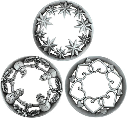 Skiennix Holiday Candle Toppers - Set of 3 Silver Metal Lids with Star, Heart & Snowman Designs | Fits 80mm Jars