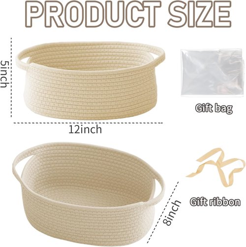 JMvicyroam Woven Basket - Small Rope Storage Bin with Handles for Organizing Shelves | Beige, 3-Pack