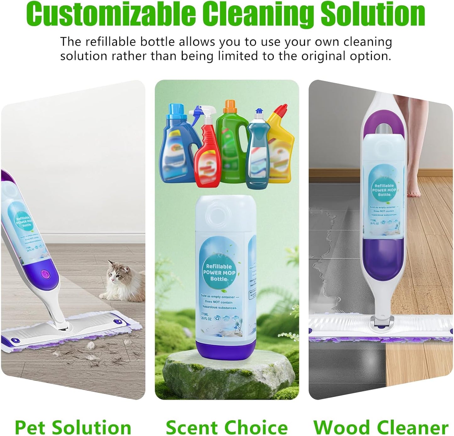 PowerMop Refillable Bottle - 26 FL OZ Leak-Proof HDPE Container with 5 Silicone Gaskets & Funnel