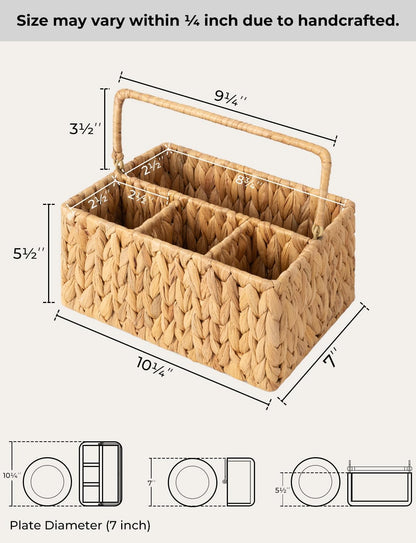 StorageWorks Hand-Woven Wicker Silverware Organizer - Stylish Water Hyacinth Cutlery Holder with Handle