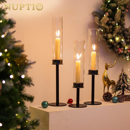 NUPTIO Black Candlestick Holders - Set of 3 Hurricane Taper Holders with Windproof Glass Cover for Elegant Table Decor