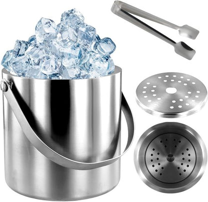 Ice Bucket with Lid Strainer Tong,2QT Double Walled Stainless Steel Insulated Ice Bucket Container,Good Sealing Ice Cube Bucket with Cover for Chilling Beer Cocktail Bar Parties